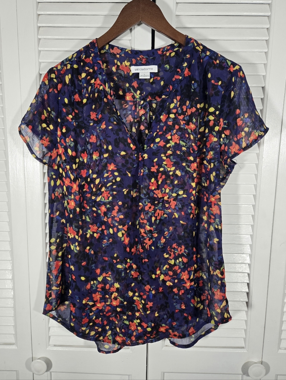 Liz Claiborne Vibrant Multi Color Floral Lightweight Sheer V Neck Blouse Sz L